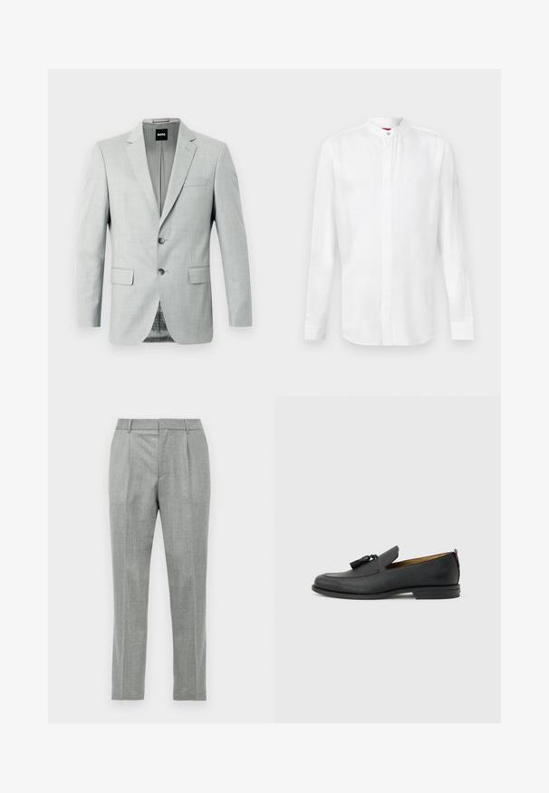 Blazer gris clair avec deux boutons, revers crantés et poches avant. Tissu lisse avec un motif subtil à l'intérieur. Étiquette de la marque visible.; Chemise blanche à manches longues avec col officier et patte de boutonnage cachée, présentée sur un fond clair uni.; Pantalons de costume gris clair avec plis avant, passants de ceinture et coupe droite sur fond blanc.; Mocassin pour homme en cuir noir avec pompons, bout arrondi, petit talon et languette à l'arrière, présenté de profil sur un fond gris clair.