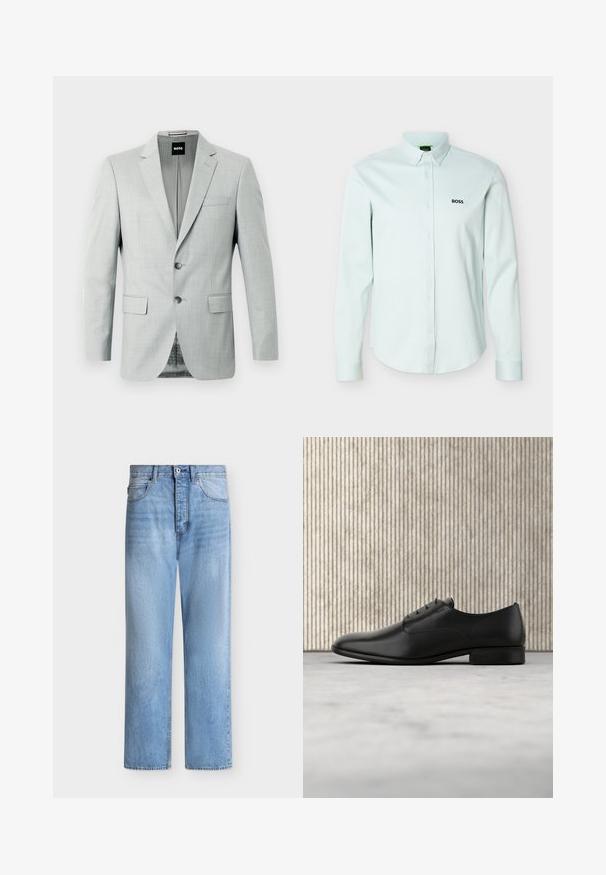 Blazer gris clair avec deux boutons, revers crantés et poches avant. Tissu lisse avec un motif subtil à l'intérieur. Étiquette de la marque visible.; Chemise bleu clair à manches longues avec col boutonné, ornée d'un logo noir "BOSS" sur la poitrine gauche.; Jean droit en denim bleu clair avec fermeture par bouton et zip, poches avant et arrière, et passants de ceinture à la taille.; Chaussure habillée en cuir noir au design épuré, à bout arrondi, avec cinq œillets pour les lacets et un petit talon rehaussé. Détail du logo embossé subtil.