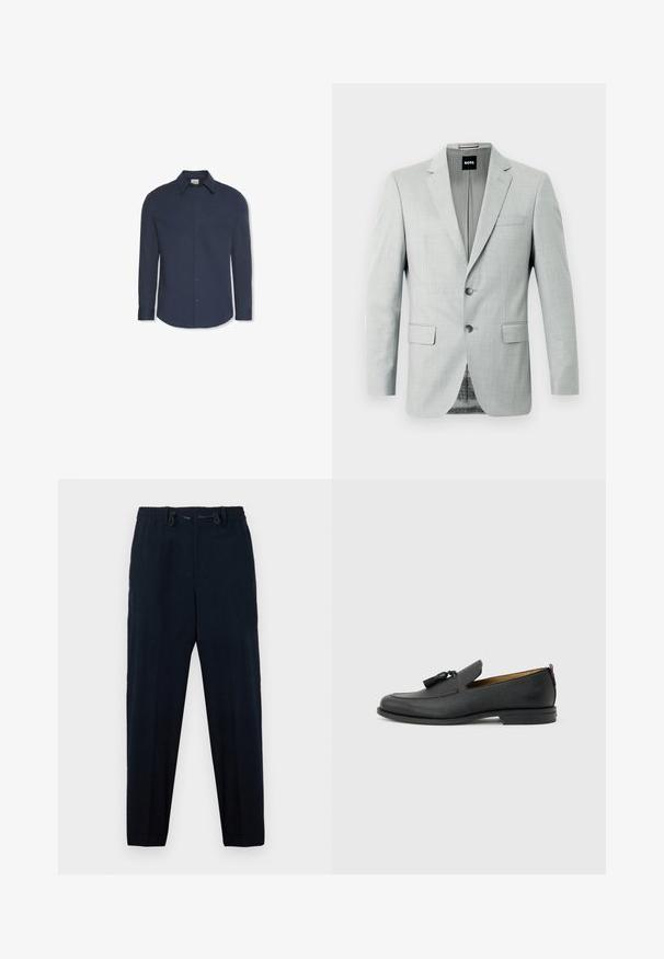 Lichtgrijze blazer met twee knopen, met een notch revers en voorzakken. Soepele stof met een subtiel patroon aan de binnenkant. Merklabel zichtbaar.; Navyblauw hemd met lange mouwen, knopen, kraag en manchetten, met een Calvin Klein-label aan de binnenkant van de kraag.; Marineblauwe broek met een elastische tailleband en een trekkoord. Recht model, met een gladde textuur en zonder zichtbare patronen.; Zwarte leren herenslof met kwastjes, ronde neus, lage hak en trekkoord aan de achterkant, zijaanzicht op lichtgrijze achtergrond.
