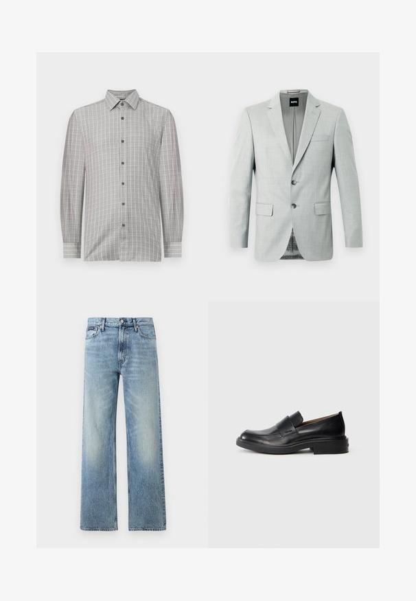 Blazer gris claro con dos botones, solapas de muesca y bolsillos frontales. Tejido suave con un patrón sutil en el interior. Etiqueta de la marca visible.; Camisa de manga larga para hombre en gris claro, con un patrón de cuadrícula y acentos oscuros, tapeta de botones y un collar clásico. Textura textil suave.; Vaqueros de mezclilla azul claro de corte recto con cintura alta, cinco bolsillos, cierre de botón y sutil desgaste en los muslos y las rodillas.; Zapato de vestir negro de cuero sin cordones con tacón bajo y un sutil logo de Calvin Klein en el lateral, mostrado en perfil sobre un fondo blanco.