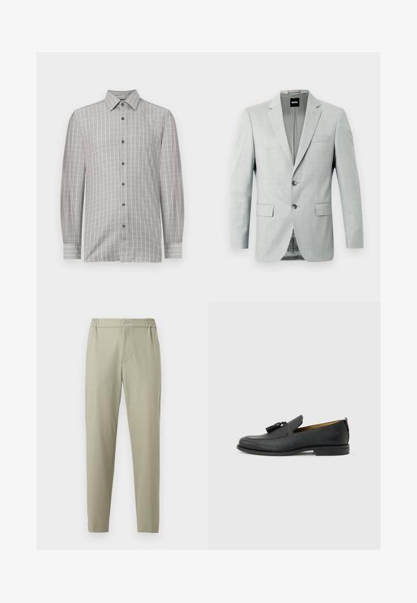 Blazer gris claro con dos botones, solapas de muesca y bolsillos frontales. Tejido suave con un patrón sutil en el interior. Etiqueta de la marca visible.; Camisa de manga larga para hombre en gris claro, con un patrón de cuadrícula y acentos oscuros, tapeta de botones y un collar clásico. Textura textil suave.; Pantalones beige entallados con cintura elástica, cierre de botón y cremallera frontal, mostrados sobre un fondo blanco plano.; Mocasín negro de cuero para hombre con borlas, punta redonda, tacón bajo y pestaña para tirar en la parte trasera, mostrado de perfil lateral sobre un fondo gris claro.