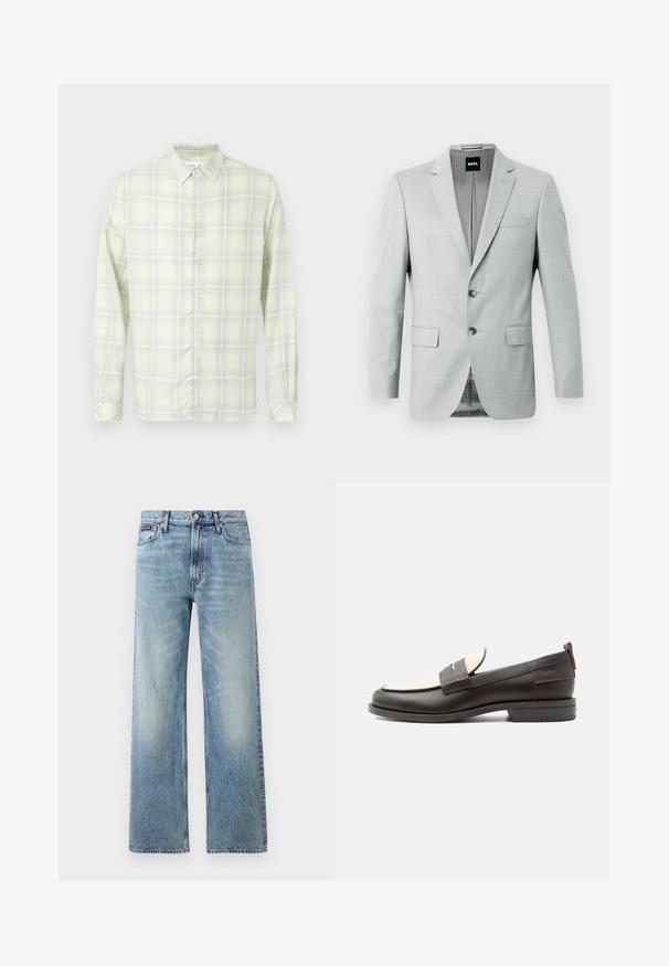 Lys grå blazer med to knapper, reverskrave og forlommer. Glat stof med et subtilt mønster indeni. Mærketikette synlig.; Lysegul ternet langærmet skjorte med knapper og krave, vist fladt mod en hvid baggrund.; Lyseblå denim jeans med lige ben, højt talje, fem lommer, knaplukning og diskrete falmede områder på lår og knæ.; Mørkebrune herresko i læder med cremefarvet stofpanel og klassisk syning på remmen, flad sål og trækskærm ved hælen.