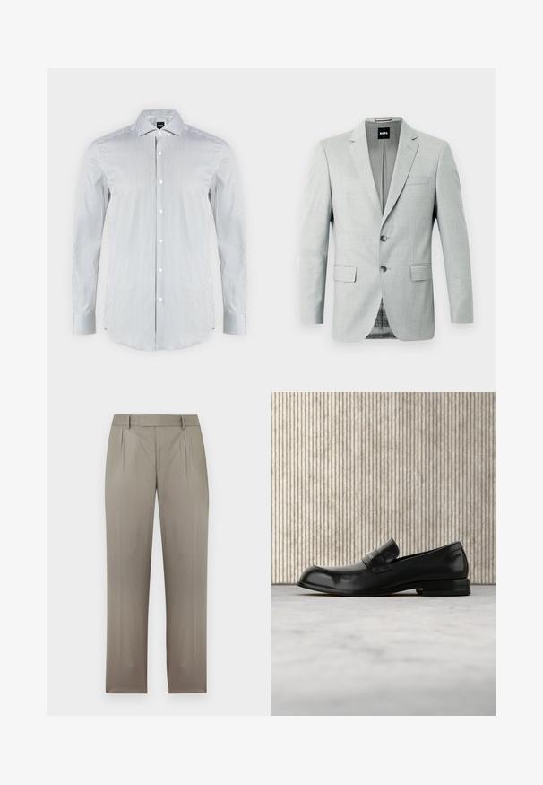Blazer gris clair avec deux boutons, revers crantés et poches avant. Tissu lisse avec un motif subtil à l'intérieur. Étiquette de la marque visible.; Chemise blanche avec fines rayures verticales noires, manches longues, fermeture boutonnée devant et col pointu.; Pantalon sur mesure marron clair avec passants de ceinture, plis avant et jambes droites, présenté sur fond blanc.; Mocassin en cuir noir avec un accent métallique, présenté en lévitation au-dessus d'un tapis beige, avec une table ronde de couleur ambre en arrière-plan.