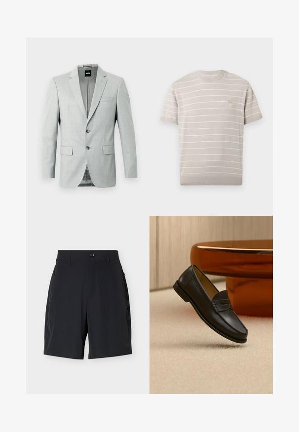 Blazer gris clair avec deux boutons, revers crantés et poches avant. Tissu lisse avec un motif subtil à l'intérieur. Étiquette de la marque visible.; Chemise en maille beige clair à manches courtes avec de fines rayures blanches horizontales et un petit écusson carré avec logo sur le côté gauche de la poitrine.; Shorts noirs ajustés avec taille boutonnée, passants pour ceinture et poches latérales zippées sur un fond clair uni.; Chaussure mocassin en cuir noir suspendue au-dessus d’un tapis beige avec du mobilier moderne couleur ambre en arrière-plan.
