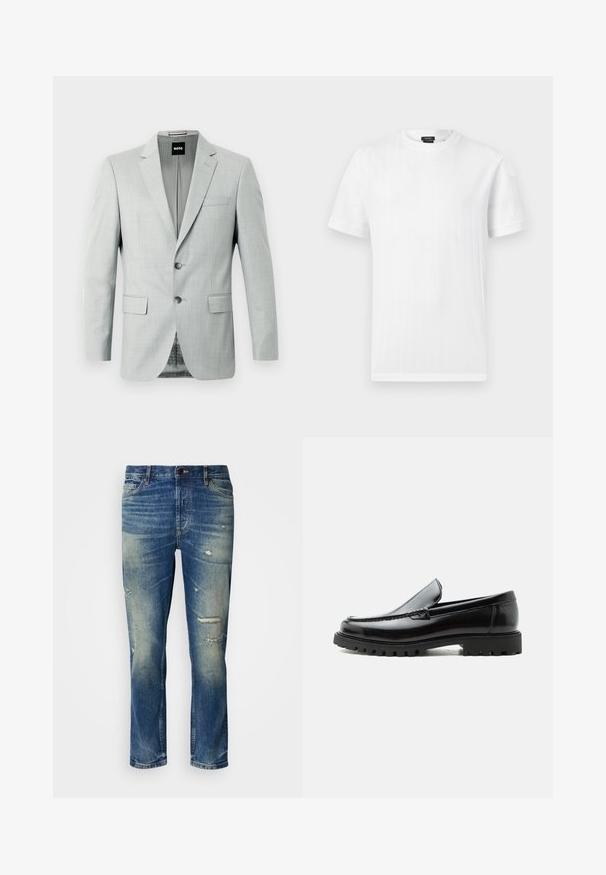 Lichtgrijze blazer met twee knopen, met een notch revers en voorzakken. Soepele stof met een subtiel patroon aan de binnenkant. Merklabel zichtbaar.; Witte T-shirt met korte mouwen en ronde hals, subtiele verticale geribbelde textuur, tentoongesteld tegen een effen lichtgrijze achtergrond.; Lichtblauwe denim jeans met een relaxte pasvorm, voorzien van versleten details, vervaagde patches en een klassieke knoop- en ritsluiting.; Zwarte leren loafer met dikke rubberen zool, gestikte bovenkant en gegraveerde merknaam op de hiel, zijaanzicht op witte achtergrond.