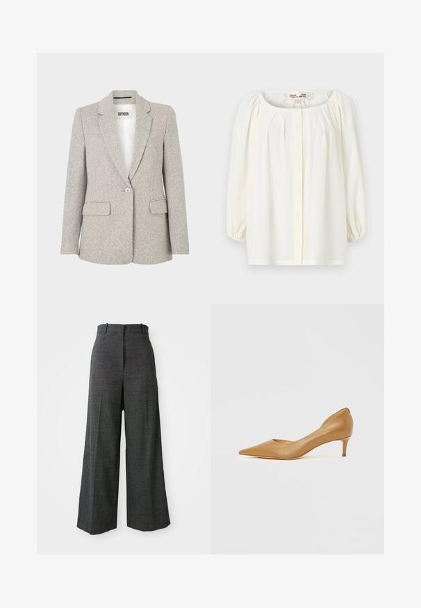Lysegrå blazer med textured stof, der har en hakket revers, enkelt knaplukning og to forlommer. Simpelt, struktureret design.; Hvid bluse med en rund halsudskæring, plisseret front og trekvart puffærmer. Lavet af let stof med en blød tekstur.; Gråternet vidde bukser med høj talje, der har forkantfoldninger, vertikal struktur og uden synligt hardware eller detaljer.; Spids-tå tan læderpumpe med lille hæl, der har et udskåret design på siden for ekstra detaljer og glat tekstur.