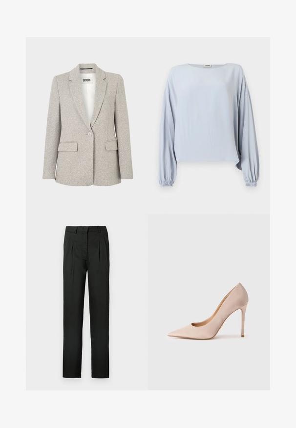 Blazer gris clair en tissu texturé, avec un revers cranté, une fermeture à un bouton et deux poches avant. Design simple et structuré.; Blouse bleu clair à manches longues avec larges poignets froncés et coupe ample, dotée d'un col rond et d'un design uni.; Pantalon noir avec une silhouette à jambes droites, devant plissé et une texture de tissu lisse. Aucune quincaillerie ou accent visible.; Escarpin en daim beige à talon haut avec un bout pointu et un design ajouré. Présente une silhouette élégante et un talon aiguille fin.