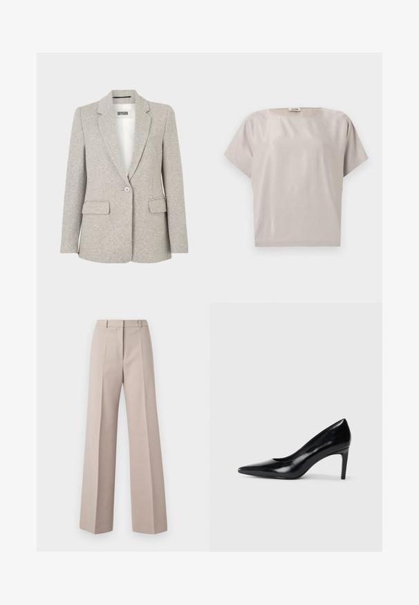 Blazer gris clair en tissu texturé, avec un revers cranté, une fermeture à un bouton et deux poches avant. Design simple et structuré.; Blouse beige en coton à manches courtes, col rond, coupe ample, avec une petite étiquette à l'arrière du col intérieur.; Pantalons beige à jambes larges en tissu lisse, avec une taille haute, des plis avant et une silhouette ajustée.; Chaussure à talon haut en cuir noir avec un bout pointu, texture lisse et un talon effilé. Design minimaliste, sans embellissements supplémentaires.
