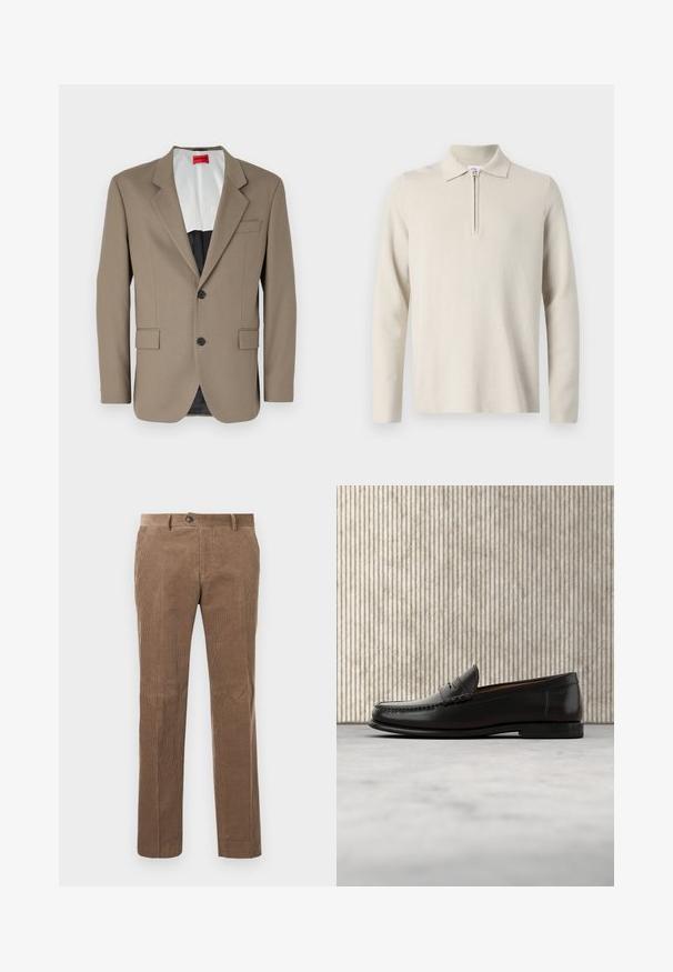 Bruine blazer gemaakt van gestructureerde stof, met een enkele rij knopen, twee voorzakken en een gelobde revers. Voering in contrasterende kleuren.; Crème-kleurige longsleeve poloshirt met een rits bij de kraag, gemaakt van zachte, gestructureerde stof, met een klassieke pasvorm en een minimaal ontwerp.; Bruine corduroy broek met verticale ribbelstructuur, recht model, enkele knoopsluiting en twee voorzakken.; Zwarte leren penny loafer met lage hak, afgeronde neus en gestikte details langs de voorkant en zijkanten, afgebeeld op een neutrale achtergrond.