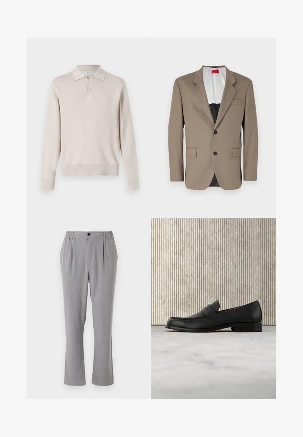 Bruine blazer gemaakt van gestructureerde stof, met een enkele rij knopen, twee voorzakken en een gelobde revers. Voering in contrasterende kleuren.; Lichtbeige poloshirt met lange mouwen, gemaakt van zachte stof. Voorzien van een kraag, een drieknoopsluiting en ribgebreide manchetten en zoom.; Grijze broek van een gestructureerde stof, met een knoopsluiting en een elastische taille. Recht model met zijvouwen.; Zwarte leren loafer zweeft boven een beige tapijt met op de achtergrond een glanzende, ronde, bruine tafel.
