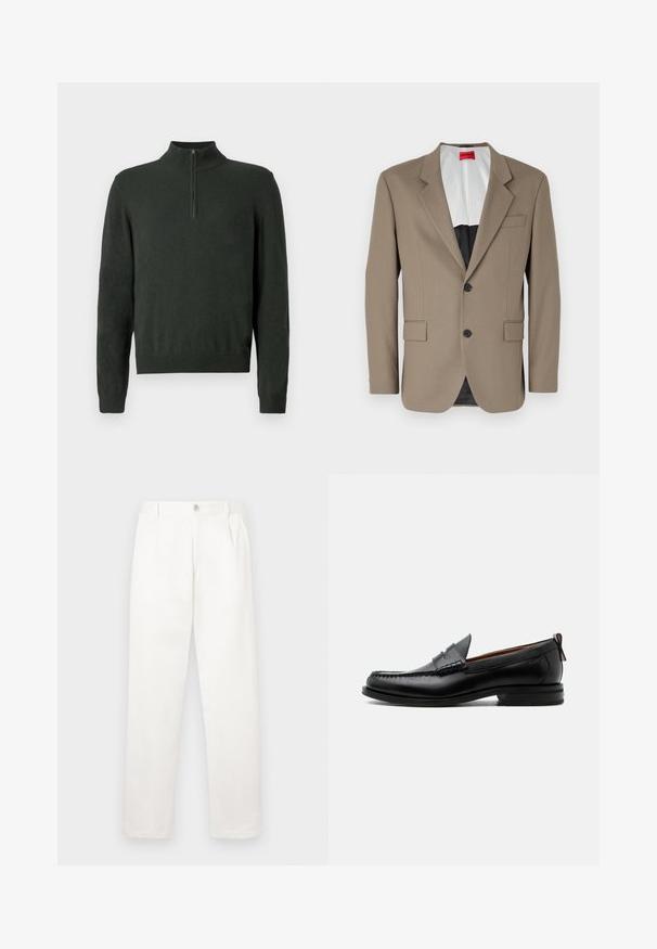 Brun blazer lavet af tekstureret stof, med en enkelt knap, to forlommer og en skrå krave. Foring i kontrastfarver.; Mørkegrøn langærmet sweater med halv lynlås krave og ribbede manchetter samt kant på en ensfarvet baggrund.; Hvide bukser lavet af glat stof, med en lige ben design, forpleater og en enkelt knap lukning i taljen.; Sort læder herre loafer med moc-tå syning, penny strop, struktureret krave og lav stablet hæl på hvid baggrund.