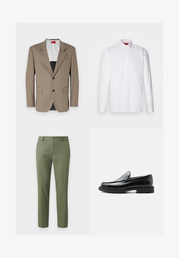 Blazer marrón hecho de tejido texturizado, con un diseño de un solo botón, dos bolsillos frontales y solapas con muesca. Forro en colores contrastantes.; Camisa blanca de manga larga hecha de algodón, con un collar clásico, placket frontal con botones y una textura suave. Detalle interior del collar en rojo.; Pantalones verdes de tejido texturizado, con corte slim, piernas rectas y cierre de botón en la parte delantera. Adecuados para un uso casual o formal.; Mocasín de cuero negro con suela de goma gruesa, empeine cosido y nombre de la marca en relieve en el talón, mostrado en perfil lateral sobre fondo blanco.