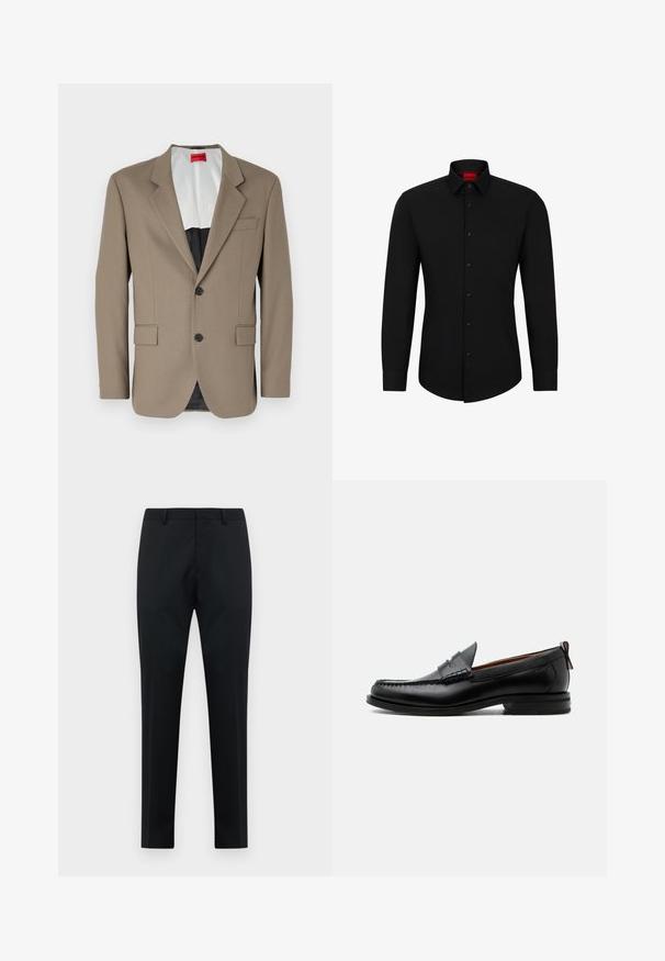 Blazer marrón hecho de tejido texturizado, con un diseño de un solo botón, dos bolsillos frontales y solapas con muesca. Forro en colores contrastantes.; Camisa negra de manga larga con botón frontal, cuello clásico y dobladillo redondeado; cuenta con botones negros y un logotipo rojo en el interior del cuello.; Pantalones formales de hombre negros, ajustados, con presillas para cinturón, frente plano y piernas rectas sobre un fondo blanco.; Mocasín de hombre de piel negra con costura moc toe, tira penny, cuello texturizado y tacón bajo apilado sobre fondo blanco.