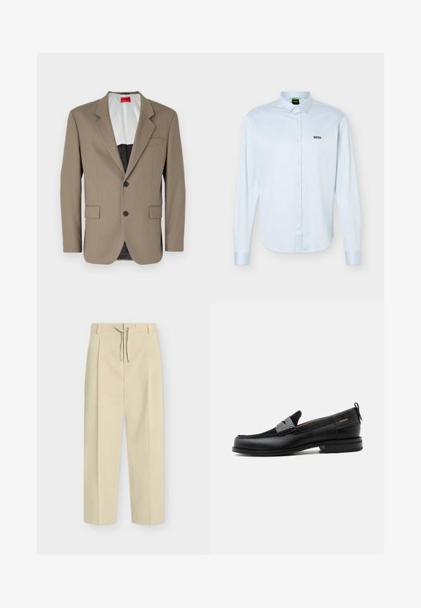 Blazer marron en tissu texturé, doté d'une coupe à un bouton, de deux poches avant et d'un revers cranté. Doublure aux couleurs contrastées.; Chemise bleu clair à manches longues, boutonnée avec col, logo noir "BOSS" sur le côté gauche de la poitrine, et poignets avec boutons.; Pantalon beige droit avec passants pour ceinture et nouage à l'avant, présentant un design épuré et ajusté ainsi qu'un tissu texturé.; Mocassin en cuir noir avec détail de bride grise, talon bas et semelle texturée, marqué "HUGO" en or sur le côté.