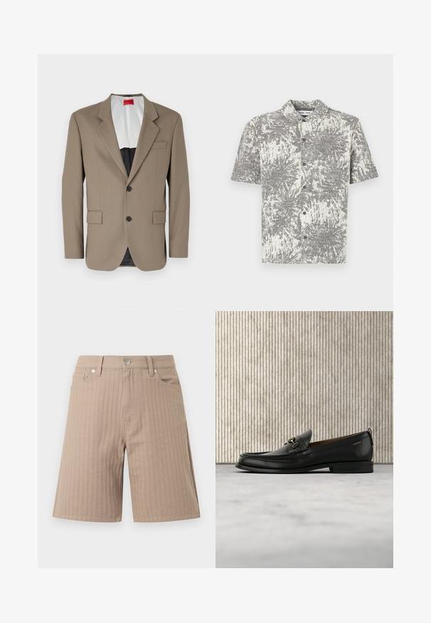 Blazer marron en tissu texturé, doté d'une coupe à un bouton, de deux poches avant et d'un revers cranté. Doublure aux couleurs contrastées.; Chemise à manches courtes avec motif abstrait noir et blanc. Comprend un col et des boutons sur le devant, fabriquée en tissu léger.; Shorts beiges en tissu texturé avec des rayures verticales, une ceinture avec un bouton avant et des poches latérales.; Mocassin en cuir noir avec mors en métal doré et logo "HUGO", présenté sur un tapis beige et un meuble translucide marron.
