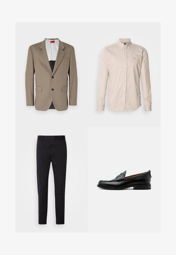 Brun blazer lavet af tekstureret stof, med en enkelt knap, to forlommer og en skrå krave. Foring i kontrastfarver.; Stribet skjorte med knapper i beige og lysebrun. Lange ærmer, klassisk krave, knapper foran og en lille logo på brystet. Bomuldsstof.; Sort chinos med en glat overflade, knaplukning og tætsiddende design. Ideel til afslappet eller semi-formelt tøj.; Sort læder herre loafer med moc-tå syning, penny strop, struktureret krave og lav stablet hæl på hvid baggrund.