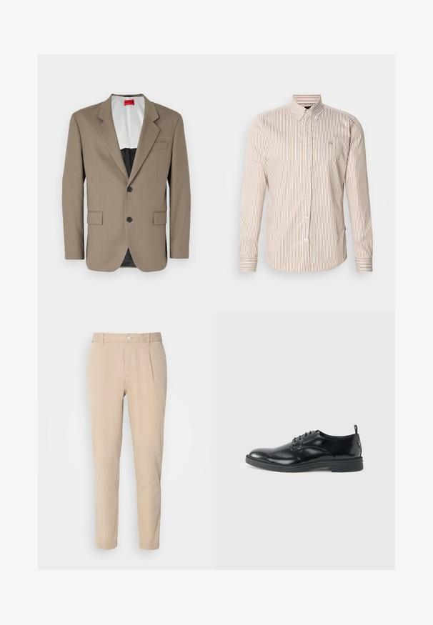 Brun blazer lavet af tekstureret stof, med en enkelt knap, to forlommer og en skrå krave. Foring i kontrastfarver.; Stribet skjorte med knapper i beige og lysebrun. Lange ærmer, klassisk krave, knapper foran og en lille logo på brystet. Bomuldsstof.; Beige bukser med en slim fit, lavet af vævet materiale. Har en enkelt knaplukning, plisseret front og lige ben.; Blank sort læder dresssko med lav hæl, snørelukning og rund tå, vist fra siden på ensfarvet lys baggrund.