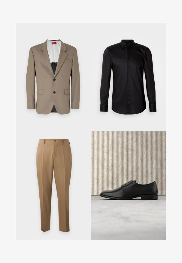Blazer marrón hecho de tejido texturizado, con un diseño de un solo botón, dos bolsillos frontales y solapas con muesca. Forro en colores contrastantes.; Camisa negra de manga larga con botones, confeccionada en tela suave. Cuenta con cuello clásico, abotonadura frontal y puños de contraste.; Pantalones marrones a medida con corte recto, pinzas simples, trabillas para cinturón y cierre frontal con botón. Tela suave con una textura mate.; Zapato de vestir de cuero negro con un diseño elegante, punta redonda, cinco ojales para los cordones y un pequeño tacón elevado. Detalle de logo sutilmente embossado.