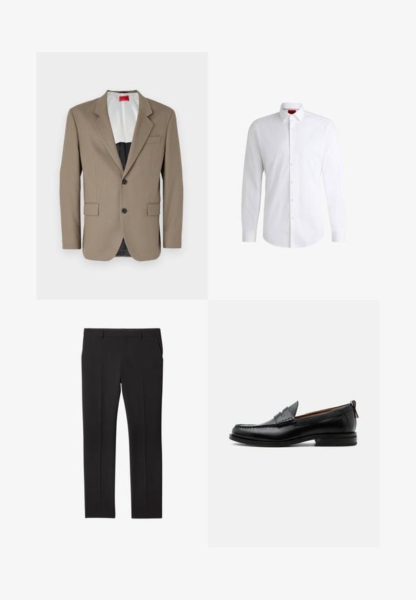 Blazer marron en tissu texturé, doté d'une coupe à un bouton, de deux poches avant et d'un revers cranté. Doublure aux couleurs contrastées.; Chemise blanche à manches longues en tissu lisse avec un col classique et un ourlet arrondi. Présente des boutons beiges à l'avant.; Pantalon noir sur mesure avec passants de ceinture, poches avant, et coupe droite, posé à plat sur un fond blanc.; Mocassin homme en cuir noir avec couture moc toe, bride penny, col texturé et petit talon empilé sur fond blanc.