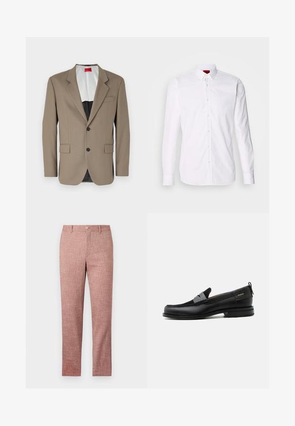 Brun blazer lavet af tekstureret stof, med en enkelt knap, to forlommer og en skrå krave. Foring i kontrastfarver.; Hvid skjorte med lange ærmer, knap-front og klassisk krave, fremstillet i en blød bomulds kvalitet.; Røde strukturerede bukser med lige ben-design, forlommer og knaplukning. Stoffet har et vævet mønster for ekstra detalje.; Sort læderloafer med grå remdetalje, lav hæl og tekstureret sål, mærket med "HUGO" i guld på siden.
