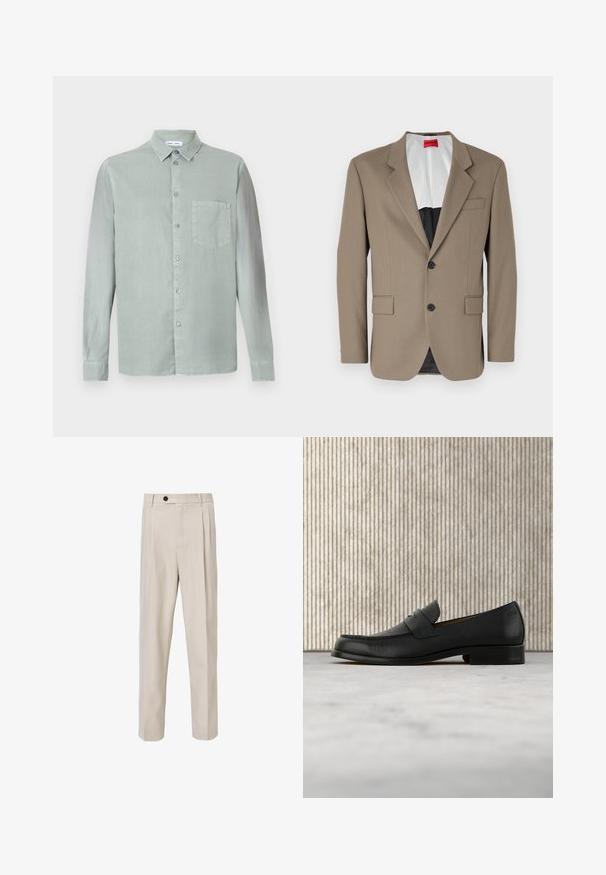 Brun blazer lavet af tekstureret stof, med en enkelt knap, to forlommer og en skrå krave. Foring i kontrastfarver.; Lys grøn langærmet skjorte med knap-til-krave, brystlomme og en let tekstureret stof. Har matchende knapper.; Beige skræddersyede bukser med lige ben-design, der har frontplisseringer, knaplukning og en glat tekstur.; Sort lædersko i loafer-stil svæver over et beige tæppe med et blankt brunt rundt bord i baggrunden.