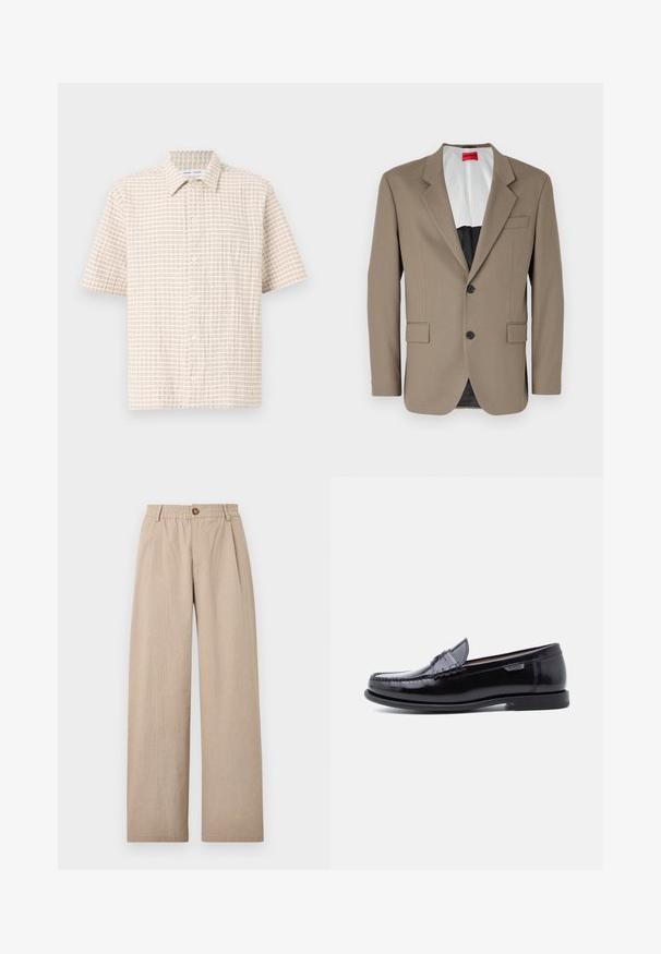 Brun blazer lavet af tekstureret stof, med en enkelt knap, to forlommer og en skrå krave. Foring i kontrastfarver.; Kortærmet, lys beige skjorte med et rutenetmønster i blødt brunt, knap-front design og klassisk krave. Glat stoftekstur.; Beige vide bukser med struktureret finish, der har folder og en elastisk talje, fastgjort med en bronze knap foran.; Sorte læderloafer med en blank finish, der har et syet mønster på tåen og en lav, tekstureret sort gummisål.
