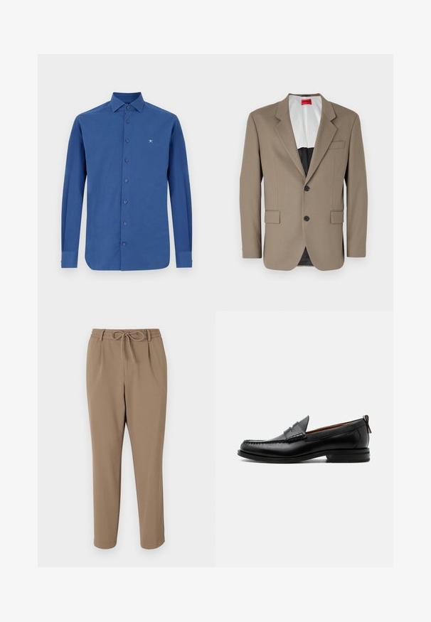 Blazer marrón hecho de tejido texturizado, con un diseño de un solo botón, dos bolsillos frontales y solapas con muesca. Forro en colores contrastantes.; Camisa azul de manga larga hecha de algodón, con un cierre frontal de botones, un cuello clásico y un sutil bordado del logo en el pecho.; Pantalones beige ajustados con cintura ajustable, bolsillos laterales y textura suave. Sin patrones visibles ni acentos adicionales.; Mocasín de hombre de piel negra con costura moc toe, tira penny, cuello texturizado y tacón bajo apilado sobre fondo blanco.