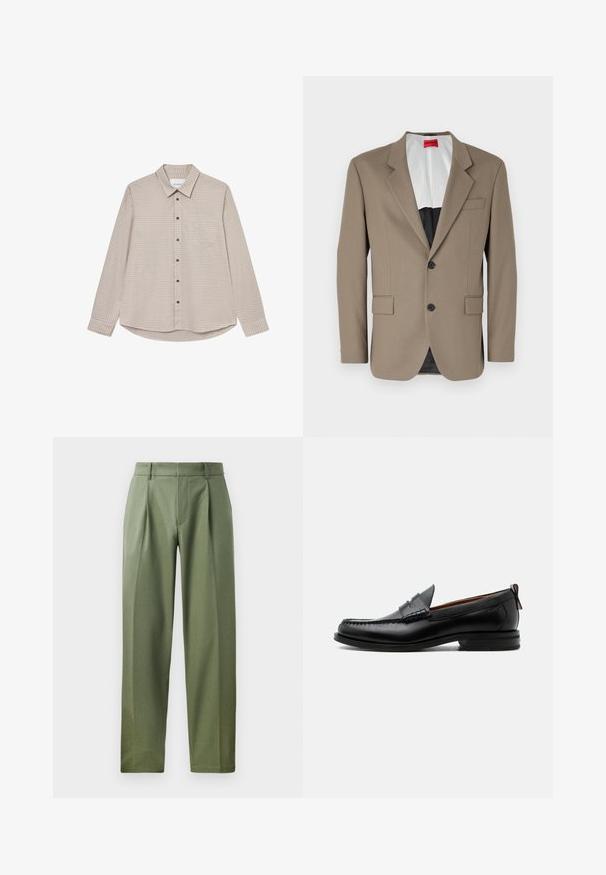 Bruine blazer gemaakt van gestructureerde stof, met een enkele rij knopen, twee voorzakken en een gelobde revers. Voering in contrasterende kleuren.; Bruine en beige geruite lange mouwen overhemd met een button-down kraag, een borstzakje en bruine knopen, met een gebogen zoom.; Aangepaste broeken van olijfgroen stof met een gladde textuur, voorzien van twee voorplooien, riemlussen en een rechte broekleg.; Zwarte leren herensloffen met moc toe stiksel, pennyriem, gestructureerde kraag en lage gestapelde hak op witte achtergrond.