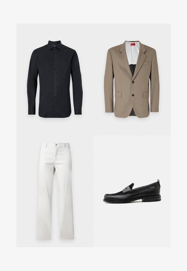 Brauner Blazer aus strukturiertem Stoff, mit einem einreihigen Design, zwei frontalen Taschen und einem geschlitzten Revers. Futter in kontrastierenden Farben.; Schwarzes Langarmhemd aus glattem Stoff mit klassischem Kragen, einem frontalen Knopfverschluss und geknöpften Manschetten.; Helle graue Hose mit geradem Bein, aus einem glatten Stoff gefertigt, mit vorderer Knopfverschluss und Seitentaschen.; Schwarzer Lederloafer mit grauem Riemendetail, niedrigem Absatz und strukturierter Sohle, seitlich mit „HUGO“ in Gold gebrandmarkt.
