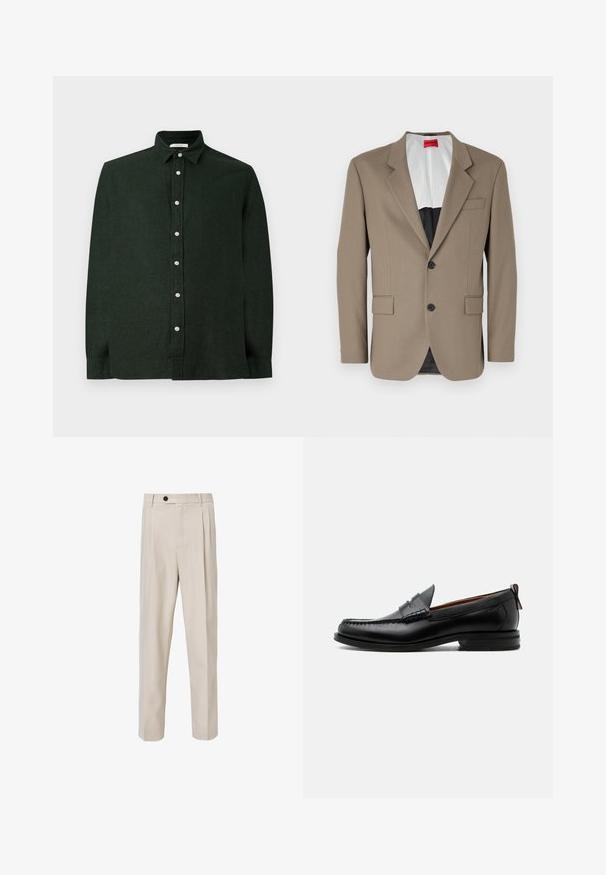 Brauner Blazer aus strukturiertem Stoff, mit einem einreihigen Design, zwei frontalen Taschen und einem geschlitzten Revers. Futter in kontrastierenden Farben.; Dunkelgrünes Langarmhemd aus strukturiertem Stoff, mit durchgehender Knopfleiste und klassischem Kragen. Schlichtes Design ohne Muster.; Beige maßgeschneiderte Hose mit geradem Beinschnitt, vorderen Falten, Knopfverschluss und glatter Stoffstruktur.; Schwarzer Leder-Herrenschuh mit Mokassinnaht, Penny-Riemen, strukturiertem Kragen und niedrigem gestapeltem Absatz auf weißem Hintergrund.