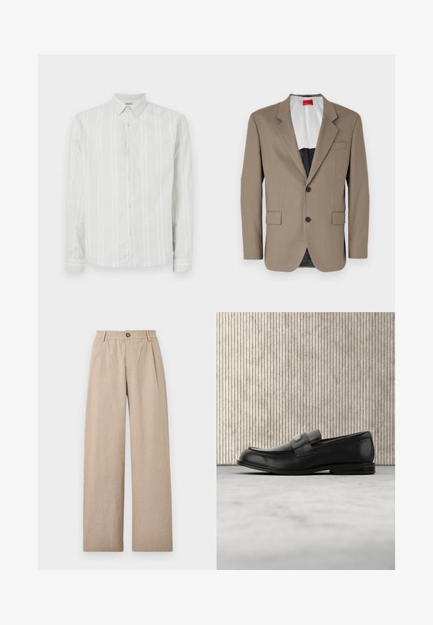 Bruine blazer gemaakt van gestructureerde stof, met een enkele rij knopen, twee voorzakken en een gelobde revers. Voering in contrasterende kleuren.; Lichtgrijs langemouwen shirt met witte verticale strepen, knopenlijst aan de voorkant en een klassieke kraag. Bevat manchetdetails op de mouwen.; Beige wijde broek met een gestructureerde afwerking, voorzien van plooien en een elastische tailleband, die aan de voorkant met een bronzen knoop is vastgezet.; Zwarte leren loafer met een metalen merktekenplaatje, rustend bij een bruine ronde tafel op een beige tapijtvloer.