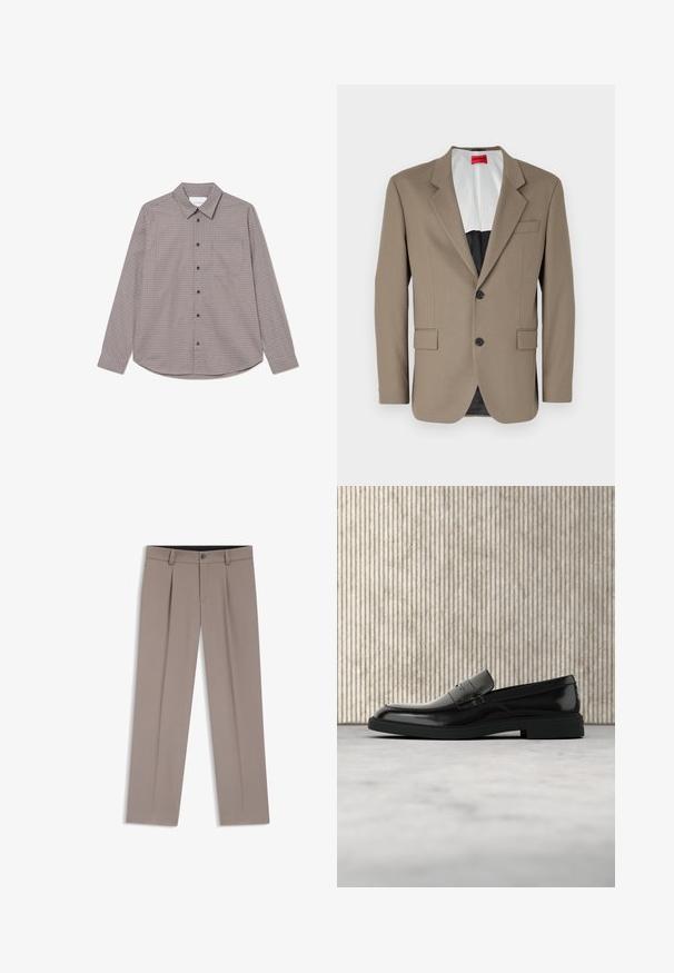 Brun blazer lavet af tekstureret stof, med en enkelt knap, to forlommer og en skrå krave. Foring i kontrastfarver.; Langærmet skjorte med knaplukning i brune og beige tern. Har en krave, en brystlomme og sorte knapper langs fronten.; Lysebrune herrebukser med bæltestropper, plisseringer, knaplukning foran og lynlås, lagt fladt på en hvid baggrund.; Sort poleret læderloafer flydende over beige tæppe med orange gennemsigtigt møbel i baggrunden.