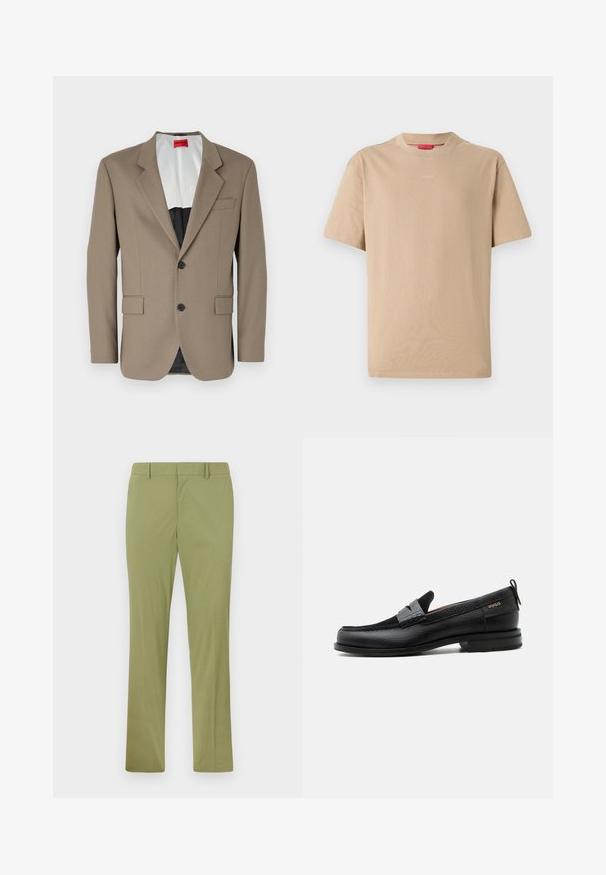 Brauner Blazer aus strukturiertem Stoff, mit einem einreihigen Design, zwei frontalen Taschen und einem geschlitzten Revers. Futter in kontrastierenden Farben.; Beige Baumwoll-T-Shirt mit kurzen Ärmeln, Rundhalsausschnitt und dezentem "HUGO"-Logo in der Mitte. Angenehme Textur, legerer Schnitt.; Slim-fit olivgrüne Hose mit Gürtelschlaufen, Frontreißverschluss und geraden Beinen, flach auf hellem Hintergrund liegend.; Schwarzer Lederloafer mit grauem Riemendetail, niedrigem Absatz und strukturierter Sohle, seitlich mit „HUGO“ in Gold gebrandmarkt.