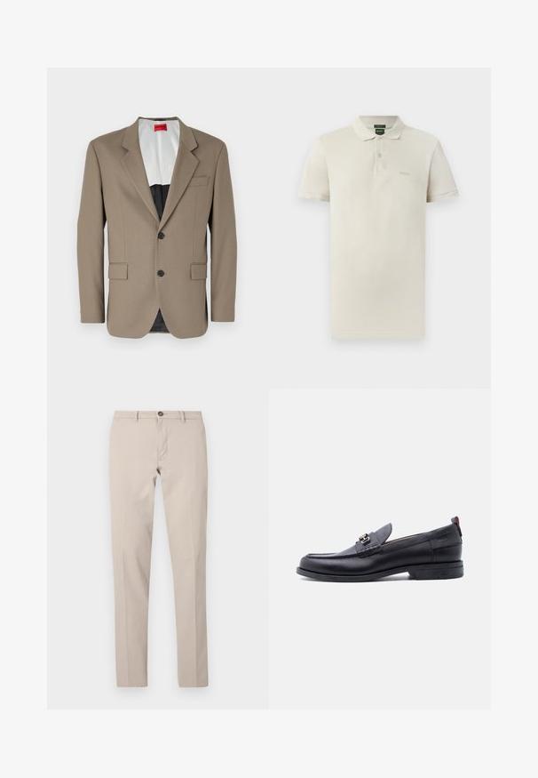 Brauner Blazer aus strukturiertem Stoff, mit einem einreihigen Design, zwei frontalen Taschen und einem geschlitzten Revers. Futter in kontrastierenden Farben.; Poloshirt aus hellbeigem Baumwollstoff, mit klassischem Kragen, kurzen Ärmeln, zweiknöpfiger Knopfleiste und dezentem, auf der Brust gesticktem Logo.; Beige Slim-Fit-Hose mit Gürtelschlaufen, Knopfverschluss und vorderlichem Reißverschluss, flach auf weißem Hintergrund dargestellt.; Schwarzer Lederloafer mit grauem, strukturiertem Vorderblatt, silberner Metallschnalle, niedrigem Absatz und Zuglasche hinten.