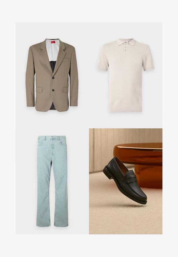 Bruine blazer gemaakt van gestructureerde stof, met een enkele rij knopen, twee voorzakken en een gelobde revers. Voering in contrasterende kleuren.; Korte mouwen, lichtbeige poloshirt met een textuurstof, een placket met drie knopen en bijpassende ribbelkraag en -zoom.; Lichtblauwe denim jeans met een rechtvallende pijp, vijf zakken en een enkele knoopsluiting. Afgewerkt met subtiele stikseldetails.; Zwarte leren herensloffen met een band over de bovenkant, getoond op een beige tapijt vlakbij een bruine moderne ronde tafel.