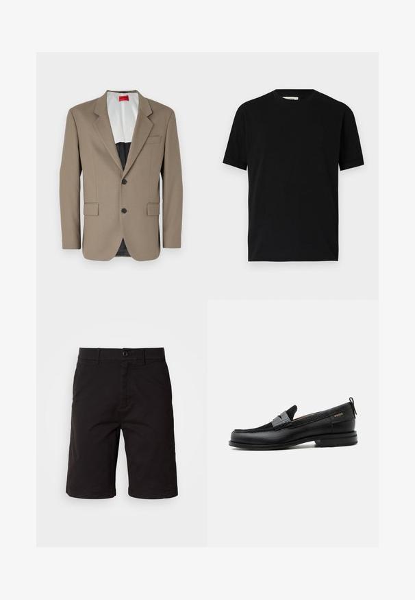 Blazer marron en tissu texturé, doté d'une coupe à un bouton, de deux poches avant et d'un revers cranté. Doublure aux couleurs contrastées.; T-shirt noir à manches courtes en coton avec un col rond et une coupe ample. Texture lisse, sans motifs ni logos visibles.; Shorts noirs en tissu léger, dotés d'un bouton à l'avant, de passants de ceinture, de poches latérales et d'une coupe droite avec des ourlets retournés.; Mocassin en cuir noir avec détail de bride grise, talon bas et semelle texturée, marqué "HUGO" en or sur le côté.