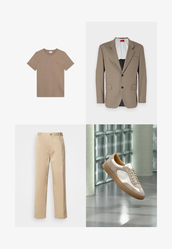 Bruine blazer gemaakt van gestructureerde stof, met een enkele rij knopen, twee voorzakken en een gelobde revers. Voering in contrasterende kleuren.; Bruine katoenen T-shirt met ronde hals, korte mouwen en een klein rood "II" logo op de borst. Eenvoudig ontwerp en een gladde textuur.; Beige broek van lichtgewicht stof, met een rechte pasvorm, tailleband met riemlussen en een enkele knoopsluiting aan de voorkant.; Beige en witte sneaker met lichtbruine zool en "BOSS"-logo, zwevend boven een reflecterende gladde vloer met glazen blokkenmuur op de achtergrond.
