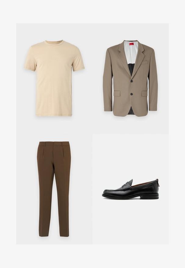 Blazer marron en tissu texturé, doté d'une coupe à un bouton, de deux poches avant et d'un revers cranté. Doublure aux couleurs contrastées.; T-shirt en coton beige à manches courtes, avec un col rond et un texte LOGO en relief sur le devant. Tissu lisse et coupe standard.; Pantalons marron sur mesure avec une texture lisse, dotés de deux plis avant, de jambes droites et de passants de ceinture. Design épuré et minimaliste.; Mocassin homme en cuir noir avec couture moc toe, bride penny, col texturé et petit talon empilé sur fond blanc.