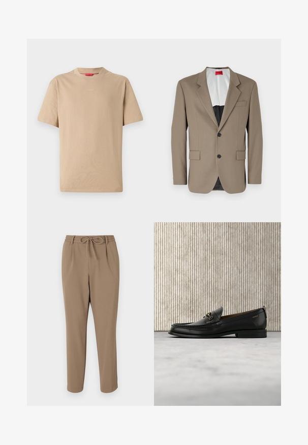 Blazer marron en tissu texturé, doté d'une coupe à un bouton, de deux poches avant et d'un revers cranté. Doublure aux couleurs contrastées.; T-shirt en coton beige à manches courtes, col rond, avec un logo "HUGO" discret au centre. Texture lisse, coupe décontractée.; Pantalons beiges fuselés avec une taille à cordon de serrage, des poches latérales et une texture lisse. Aucun motif visible ni accent supplémentaire.; Mocassin en cuir noir avec mors en métal doré et logo "HUGO", présenté sur un tapis beige et un meuble translucide marron.