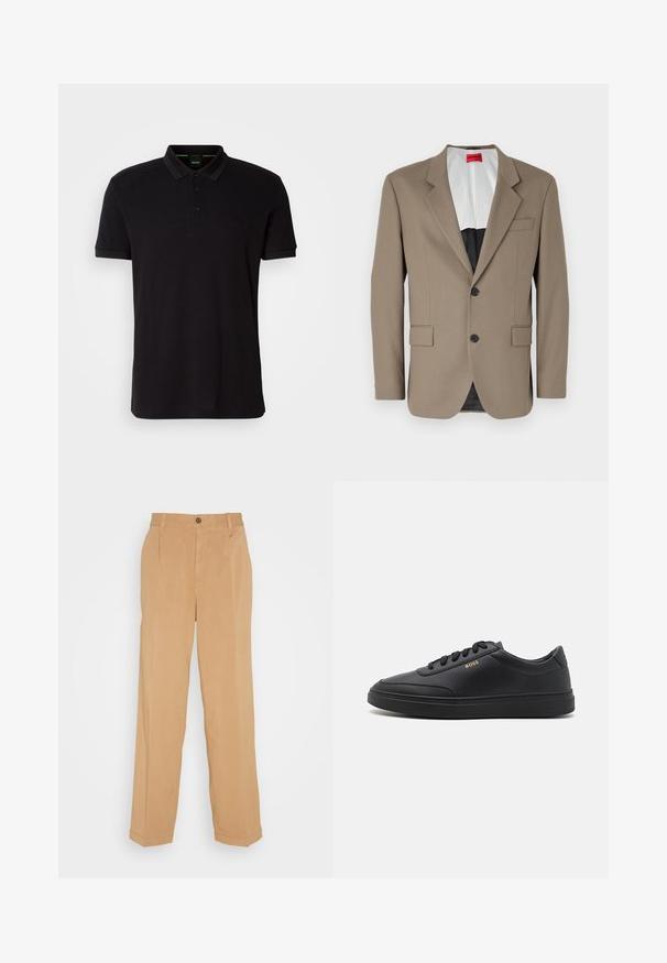 Brauner Blazer aus strukturiertem Stoff, mit einem einreihigen Design, zwei frontalen Taschen und einem geschlitzten Revers. Futter in kontrastierenden Farben.; Schwarzes Poloshirt aus weichem Stoff, mit klassischem Kragen, dreiknöpfiger Knopfleiste und gesticktem Logo auf der Brust.; Beige weite Hose aus weichem Stoff, mit zwei frontalen Taschen, einem Knopfverschluss und Bügelfalten entlang der Beine.; Schwarze Leder-Sneaker mit glatter Textur, runder Zehenpartie, flacher Gummisohle und einfarbigen Schnürsenkeln. Mit goldfarbenem "BOSS" Logo an der Seite.