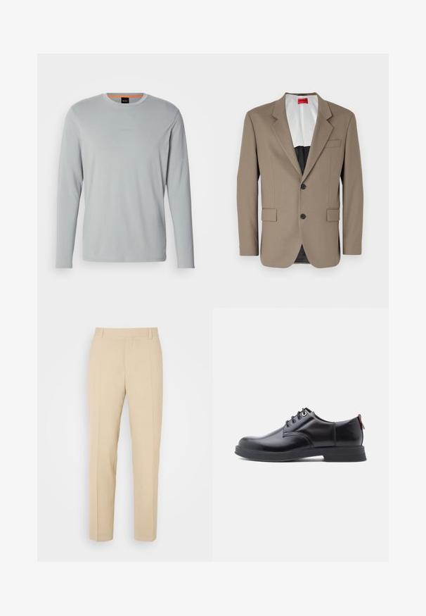Blazer marrón hecho de tejido texturizado, con un diseño de un solo botón, dos bolsillos frontales y solapas con muesca. Forro en colores contrastantes.; Camiseta de manga larga gris claro con cuello redondo y sutil logo "BOSS" en el pecho, con ribete naranja en el interior del cuello, mostrada sobre fondo blanco.; Pantalones de color beige ajustados con un diseño de pierna recta, elaborados en una tela ligera, que presentan dos bolsillos frontales y pliegues bien planchados.; Zapatos de piel negra con cordones, textura lisa, puntera redondeada y detalles sutiles de costura. Cuentan con una lengüeta roja en el talón.