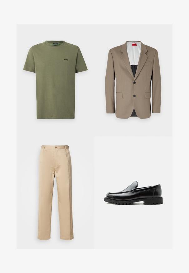 Blazer marron en tissu texturé, doté d'une coupe à un bouton, de deux poches avant et d'un revers cranté. Doublure aux couleurs contrastées.; T-shirt en coton vert olive à manches courtes, col rond, avec un petit logo noir "BOSS" sur la poitrine gauche. Texture lisse, design simple.; Pantalons beiges en tissu léger, avec une coupe droite, une taille avec passants de ceinture et une fermeture à bouton sur le devant.; Mocassin en cuir noir avec semelle en caoutchouc épaisse, dessus cousu et nom de marque embossé sur le talon, présenté de profil sur fond blanc.