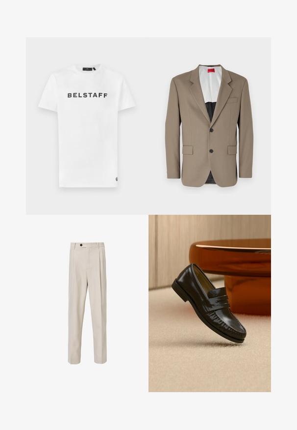 Brun blazer lavet af tekstureret stof, med en enkelt knap, to forlommer og en skrå krave. Foring i kontrastfarver.; Hvid bomulds t-shirt med et sort "BELSTAFF" logo på forsiden. Klassisk crew neck og korte ærmer med en lille logodetalje på kanten.; Beige skræddersyede bukser med lige ben-design, der har frontplisseringer, knaplukning og en glat tekstur.; Skinnende sort læderloafer med remdetalje, placeret på beige tæppe nær et rundt brunt sofabord i et blødt oplyst rum.