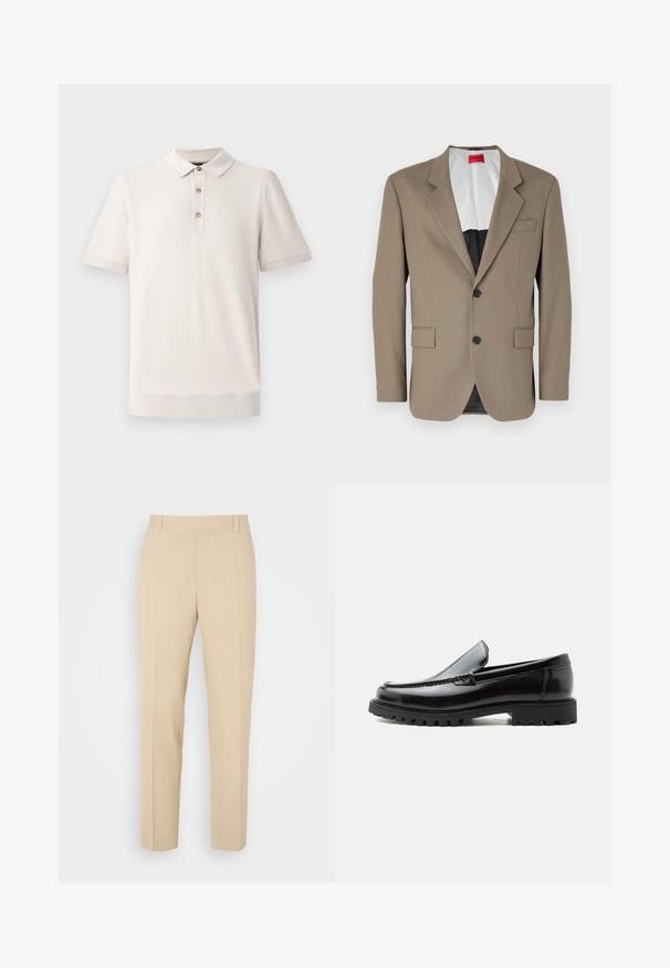 Brauner Blazer aus strukturiertem Stoff, mit einem einreihigen Design, zwei frontalen Taschen und einem geschlitzten Revers. Futter in kontrastierenden Farben.; Kurzärmliges Poloshirt in hellbeige, aus strukturiertem Material mit Kragen und drei Knöpfen; gerippte Details an den Ärmeln und dem Saum.; Beige maßgeschneiderte Hosen mit geradem Bein, aus leichtem Stoff, mit zwei vorderen Taschen und ordentlich gebügelten Falten.; Schwarzer Lederloafer mit grober Gummisohle, genähter Oberseite und geprägtem Markennamen an der Ferse, seitlich auf weißem Hintergrund gezeigt.