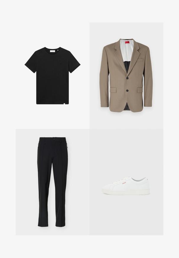 Brun blazer lavet af tekstureret stof, med en enkelt knap, to forlommer og en skrå krave. Foring i kontrastfarver.; Sort kortærmet T-shirt lavet af bomuld, med rund hals og et lille logo broderet på brystet. Glat tekstur, standard pasform.; Sorte skræddersyede bukser med slank pasform, frontknap og lynlåslommer i siden, vist mod en hvid baggrund.; Hvid lav sneaker med hvide snørebånd, tyk sål og lille rød "HUGO"-logo på siden og baghælen.