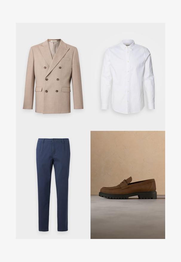 Beige dobbeltbrystet blazer lavet af tekstureret stof. Har to frontlommer, brune knapper og en spidset krave.; Hvid langærmet skjorte med knapper lavet af bomuld, med en struktureret krave, diskret logo-broderi og lysebrune knapper.; Marineblå bukser lavet af letvægtsstof, med en frontknaplukning, to sidelommer og en lige snit.; Mørkebrune læderloafer med tyk sort gummisål vist over en beige tæppe- og sofa baggrund.