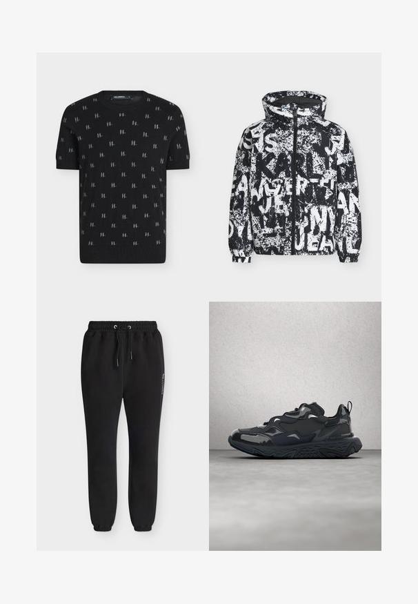 Veste à capuche noire et blanche avec fermeture éclair complète et motif de texte abstrait style graffiti avec éclaboussures de peinture partout.; T-shirt en maille noir à manches courtes avec petits motifs répétés gris du logo "KL" et col, poignets et ourlet côtelés.; Pantalon de jogging noir avec taille et poignets élastiques, cordon à l'avant et petit logo blanc vertical sur la cuisse droite.; Chaussure de course noire avec une tige texturée, des accents lisses et une semelle épaisse à motif ondulé, conçue pour le confort et la durabilité.
