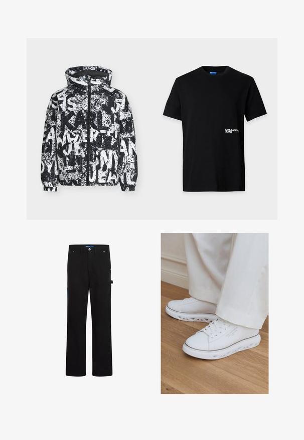 Sort og hvid hættejakke med fuld lynlås og abstrakt graffiti-stil tekst og malesprøjt mønster over det hele.; Sort t-shirt med korte ærmer, rund hals og lille hvidt "KARL LAGERFELD JEANS" logo på nederste højre front.; Sorte cargo bukser med lige skæring, der har to forlommer, en baglomme og blå detaljer på siden og i taljen.; Hvide lave sneakers med unikke udskårne såler båret med lystfarvede bukser på et trægulv.