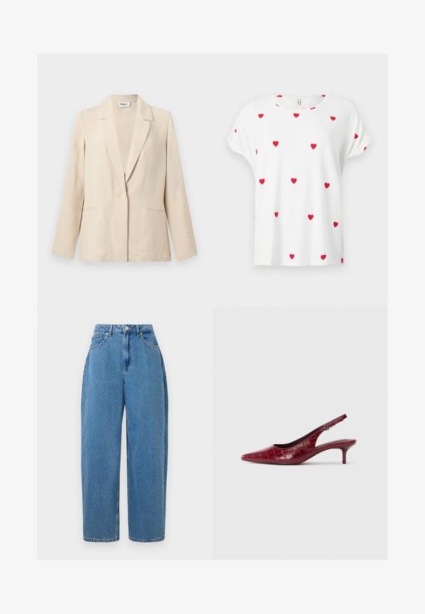 Crèmewitte getextureerde damesblazer met lange mouwen, kraag met inkeping, enkele knoopsluiting en twee voorzakken.; Wit shirt met korte mouwen en ronde hals, versierd met gelijkmatig verspreide kleine rode hartjes op de voorkant en mouwen.; Lichtblauwe denim broek met een recht gesneden fit, hoge taille en voorste knoopsluiting. Heeft vijf zakken en minimale stikdetails.; Bordeaux lederen slingback pump met krokodillenstructuur, puntige neus, verstelbare gesp en lage kittenhak op een witte achtergrond.