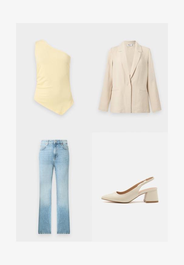 Blazer pour femme texturé couleur crème, manches longues, col cranté, fermeture par un bouton unique et deux poches avant.; Haut asymétrique jaune pâle à une épaule, sans manches, avec un ourlet asymétrique, présenté sur un fond gris clair uni.; Jean bleu clair droit avec un design classique à cinq poches et une fermeture bouton à la taille, présenté sur un fond blanc.; Mocassin à talon bas et bout pointu en cuir beige clair avec une bride arrière. Présente un design découpé et une texture lisse.